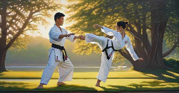A martial artist executing a high kick in a peaceful park at sunrise, surrounded by trees and flowers.