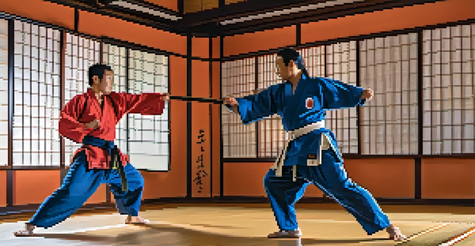 Two martial artists sparring in a traditional dojo with warm lighting and colorful gis.