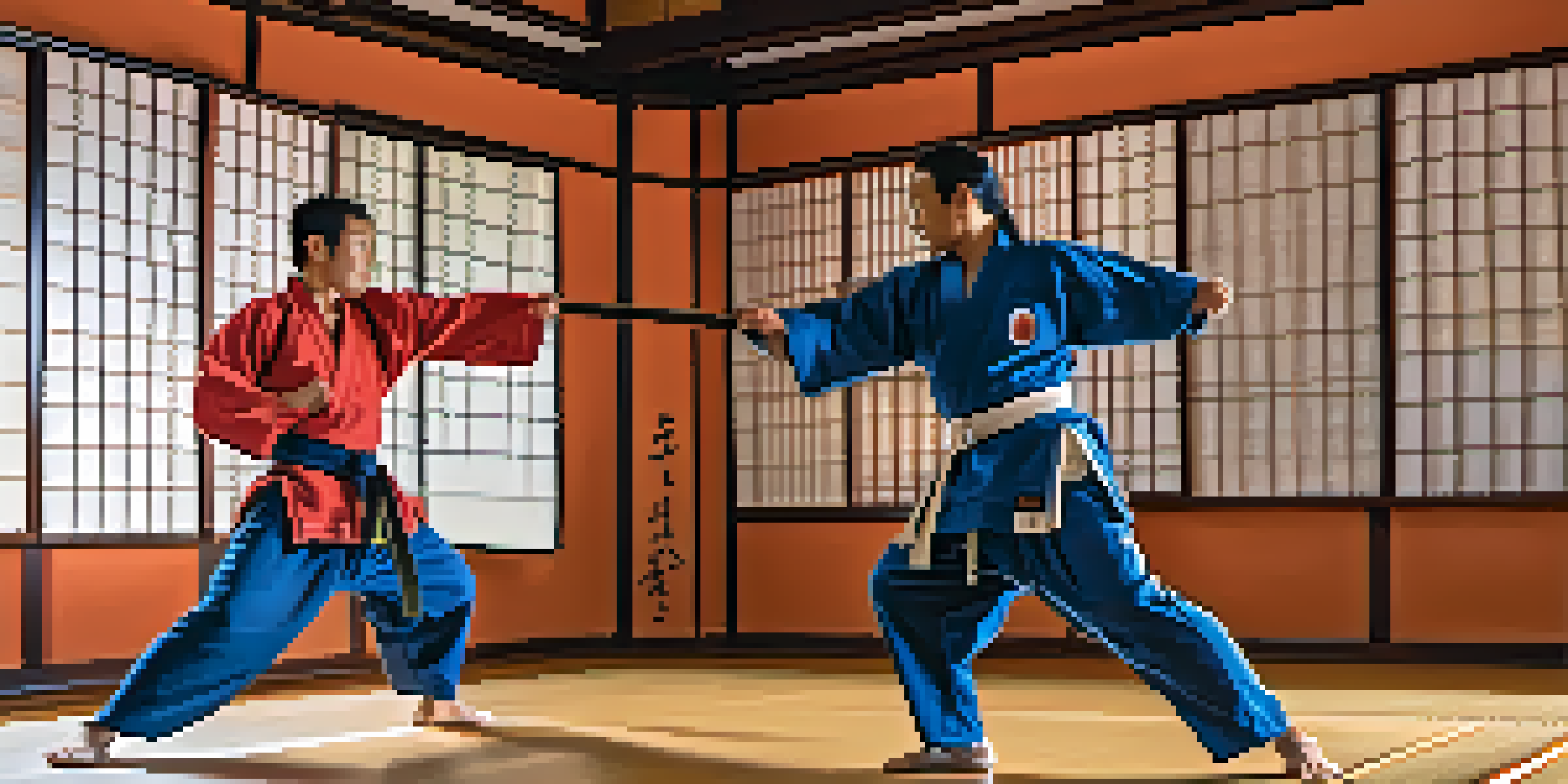 Two martial artists sparring in a traditional dojo with warm lighting and colorful gis.