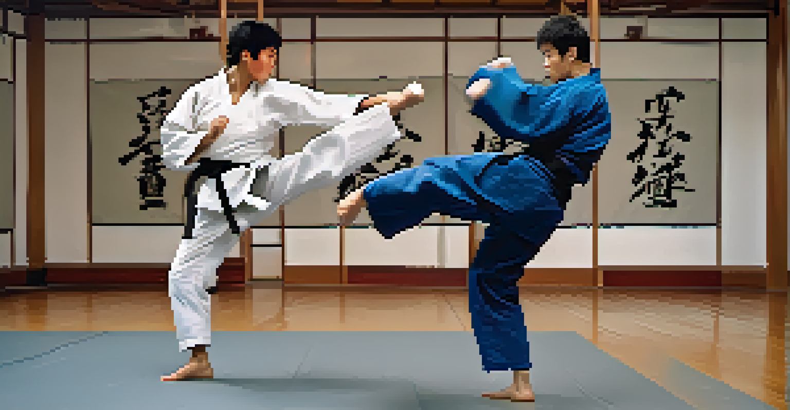 Two martial artists sparring, highlighting their focus and techniques in a dynamic dojo environment.