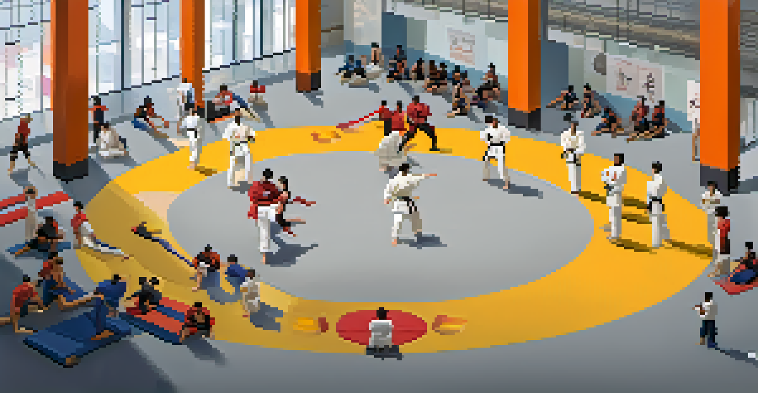 An overhead view of martial artists practicing together in a gym, showcasing teamwork and collaboration.