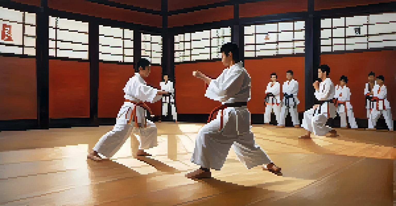 Students practicing drills in pairs in a martial arts dojo, showcasing camaraderie and focused technique, with warm lighting and decorations.