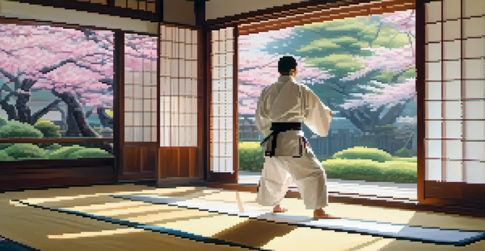 A martial artist performing a kata in a tranquil dojo with a garden view, surrounded by soft morning light and cherry blossoms.