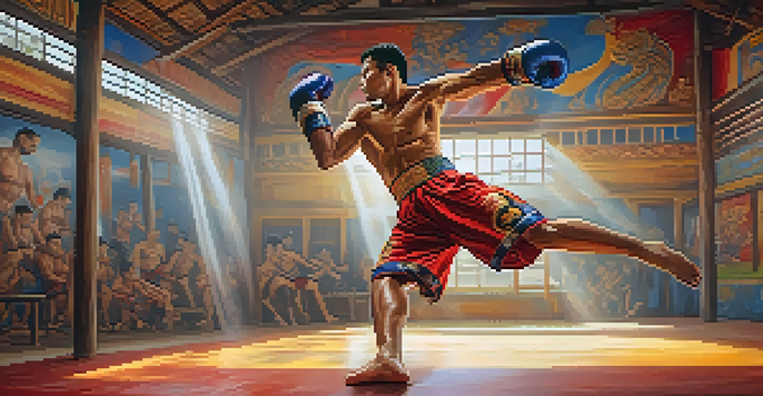A Muay Thai fighter performing a roundhouse kick in a colorful training gym, showcasing strength and technique.