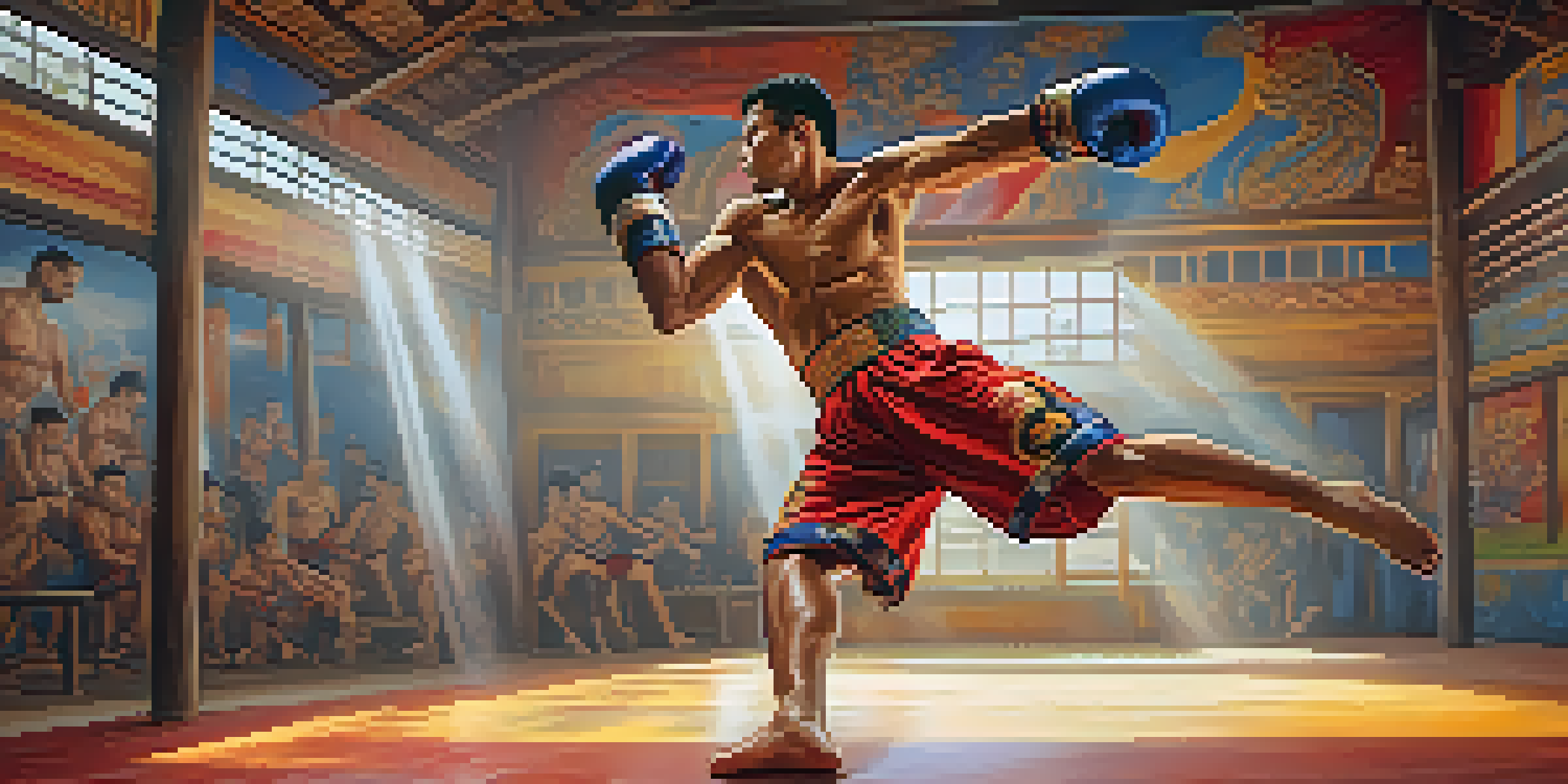 A Muay Thai fighter performing a roundhouse kick in a colorful training gym, showcasing strength and technique.