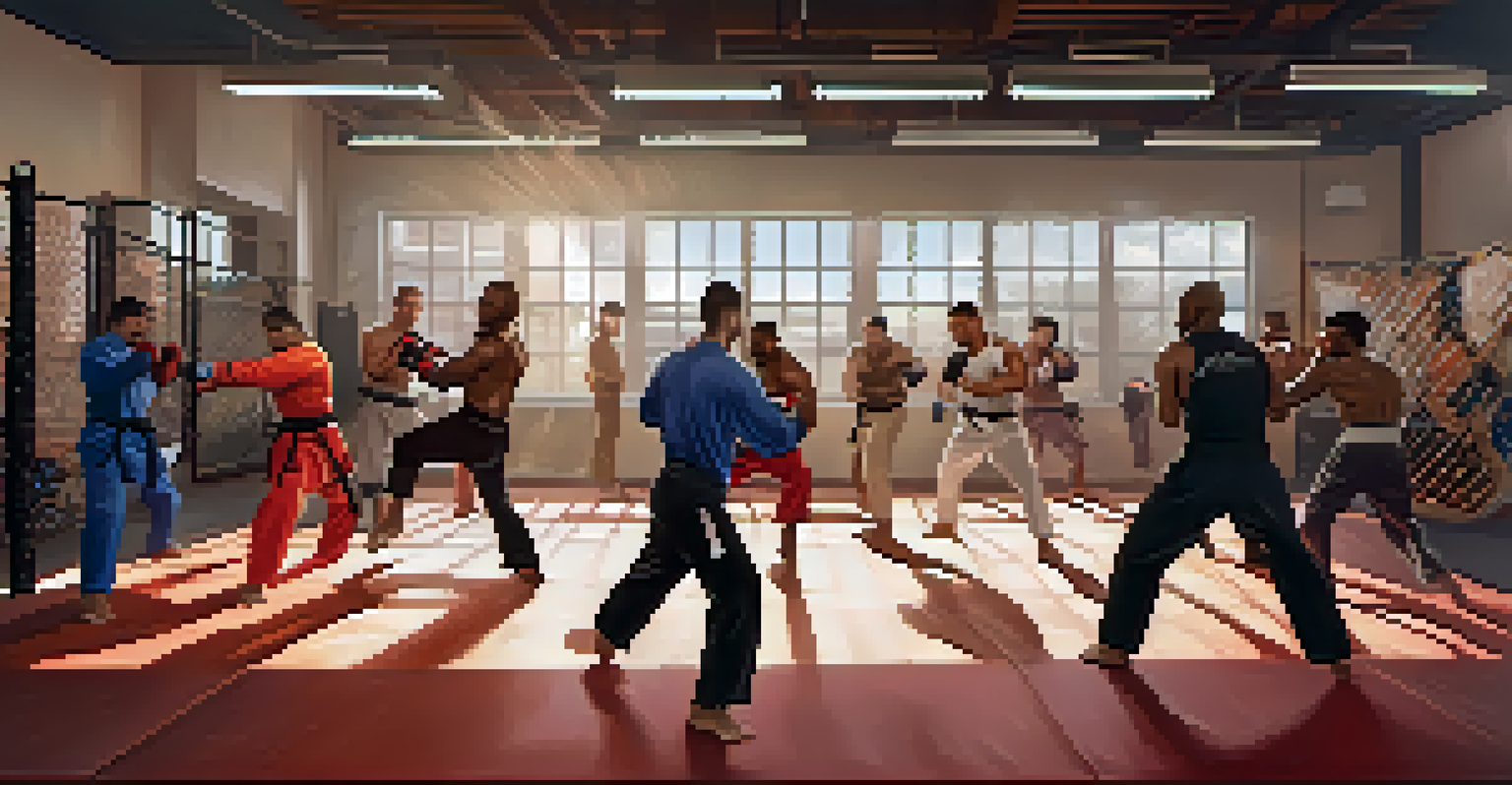 Diverse practitioners sparring in a modern mixed martial arts gym, showcasing various techniques with an energetic atmosphere.