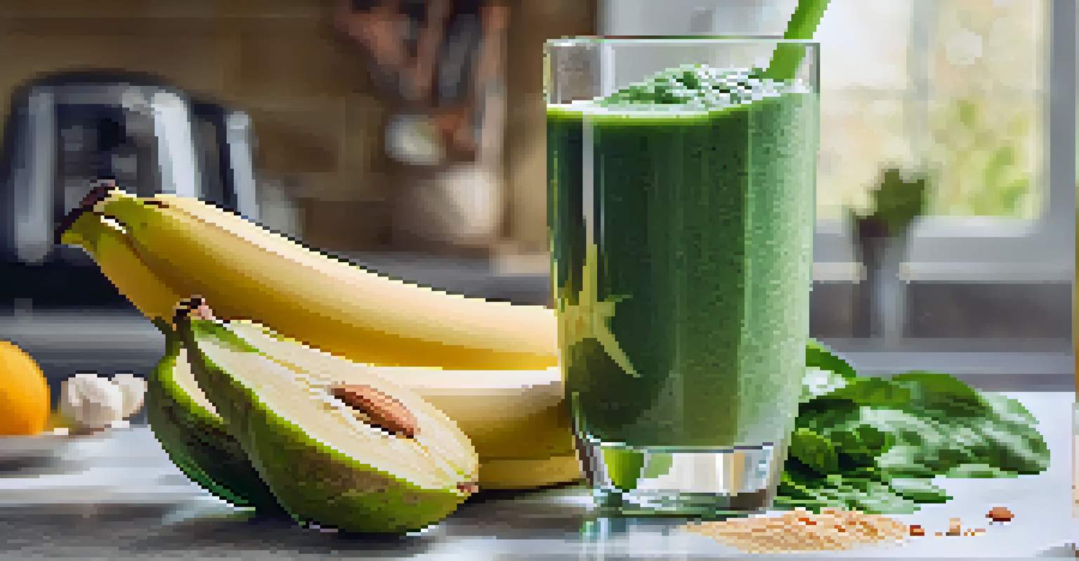 A green smoothie in a clear glass with fruits and a blender in a sunlit kitchen.
