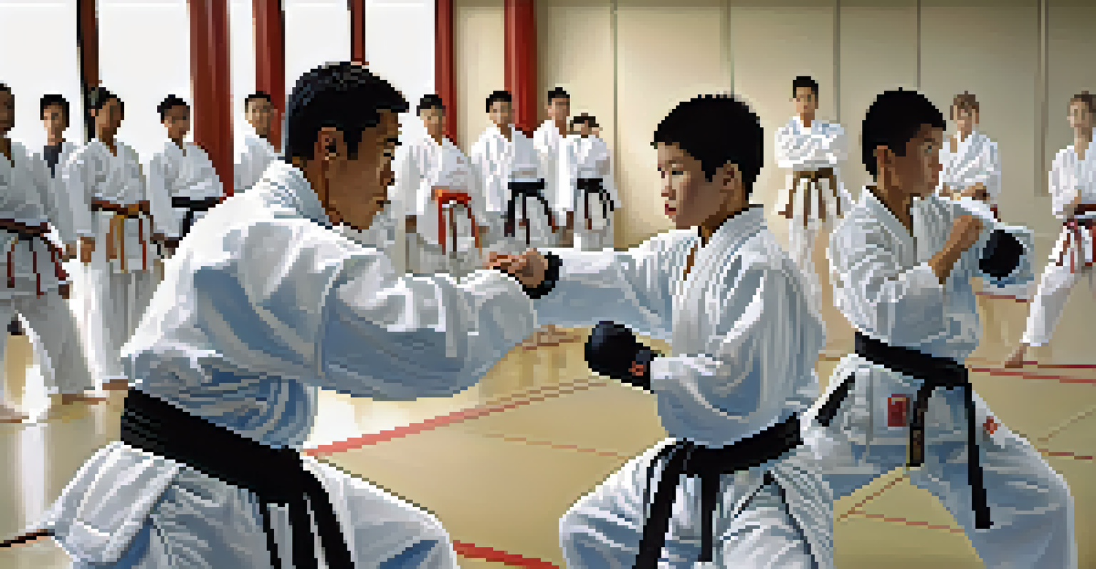 Martial arts students sparring while wearing protective gear, with an instructor observing and safety guidelines displayed on the walls.