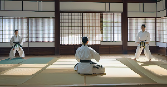 A peaceful martial arts dojo with students practicing stances and an instructor guiding them, surrounded by traditional decor and natural light.
