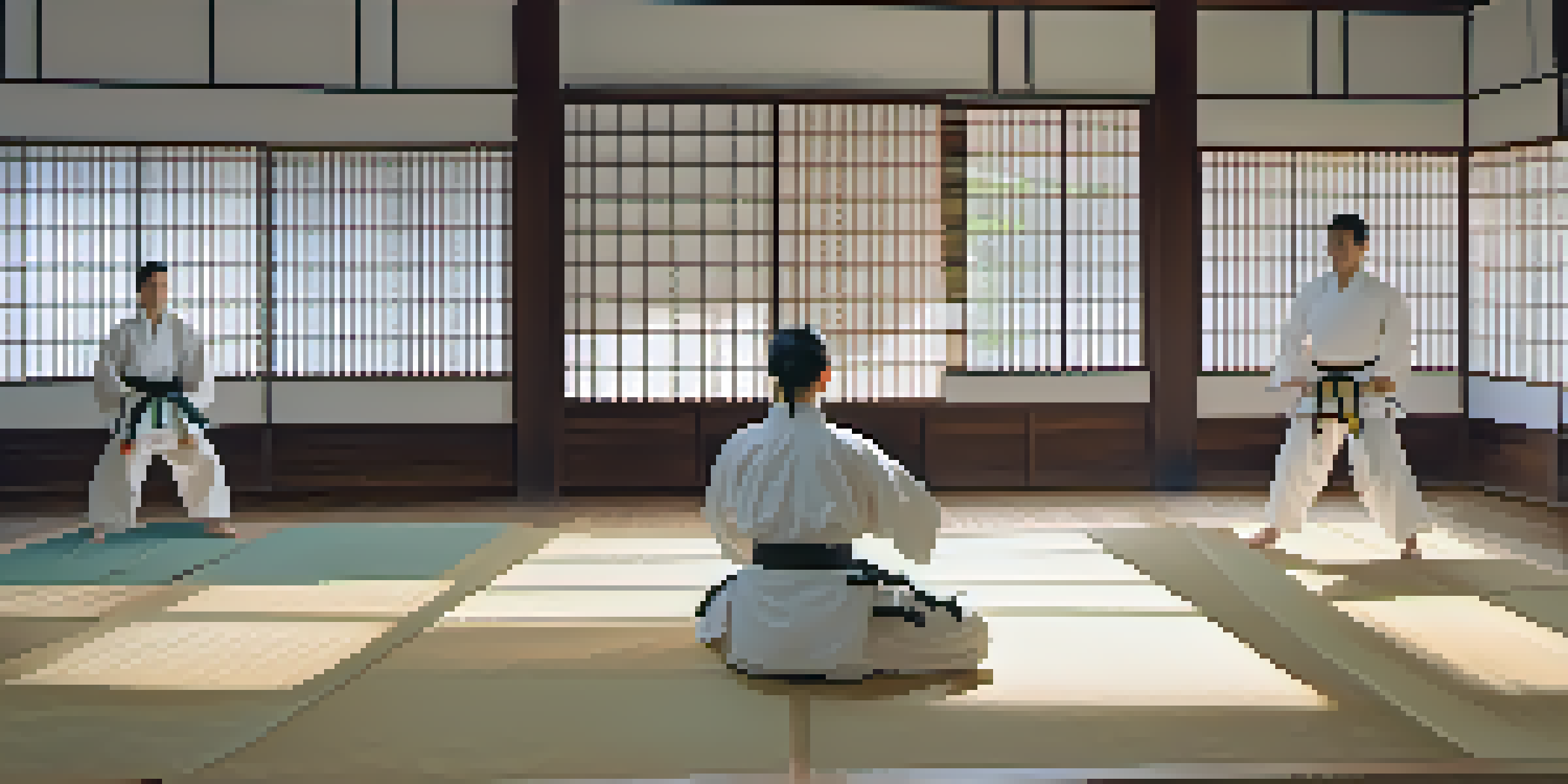 A peaceful martial arts dojo with students practicing stances and an instructor guiding them, surrounded by traditional decor and natural light.