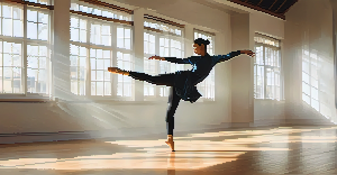 A contemporary dancer executing a martial arts kick in a sunlit studio with large windows and abstract art in the background.