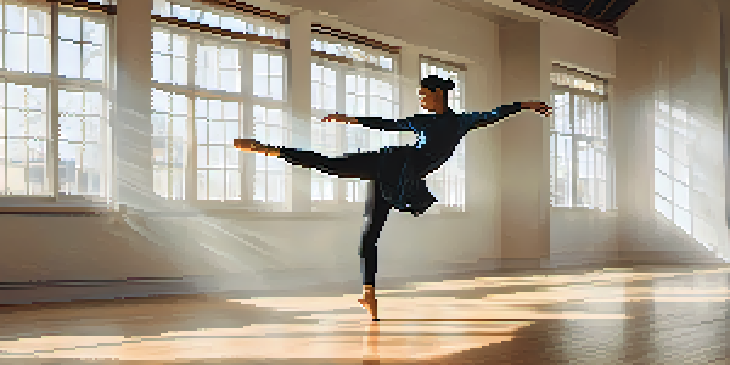 A contemporary dancer executing a martial arts kick in a sunlit studio with large windows and abstract art in the background.