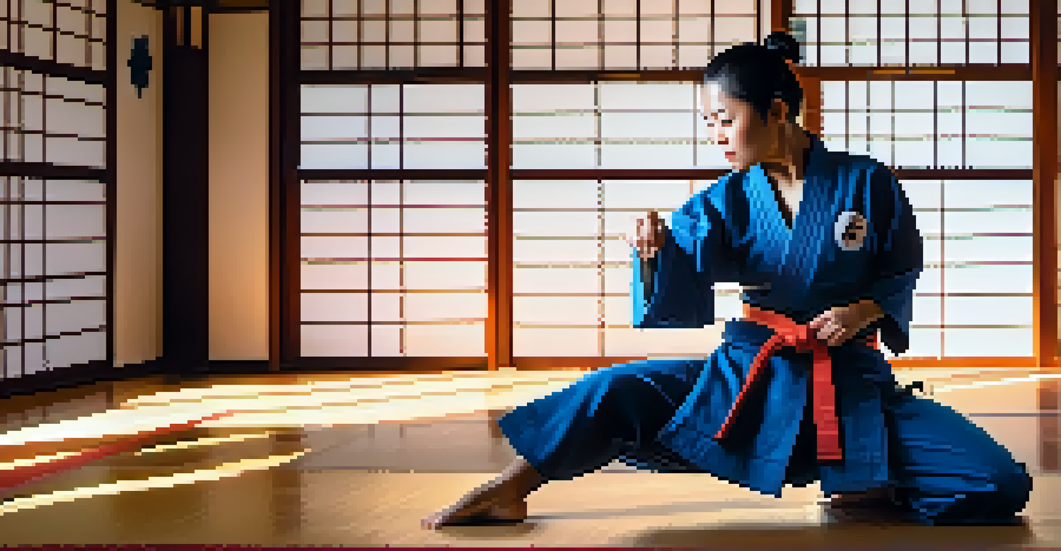 A female martial artist performing a powerful kick in a traditional dojo, with sunlight streaming through the windows and rich wooden textures.