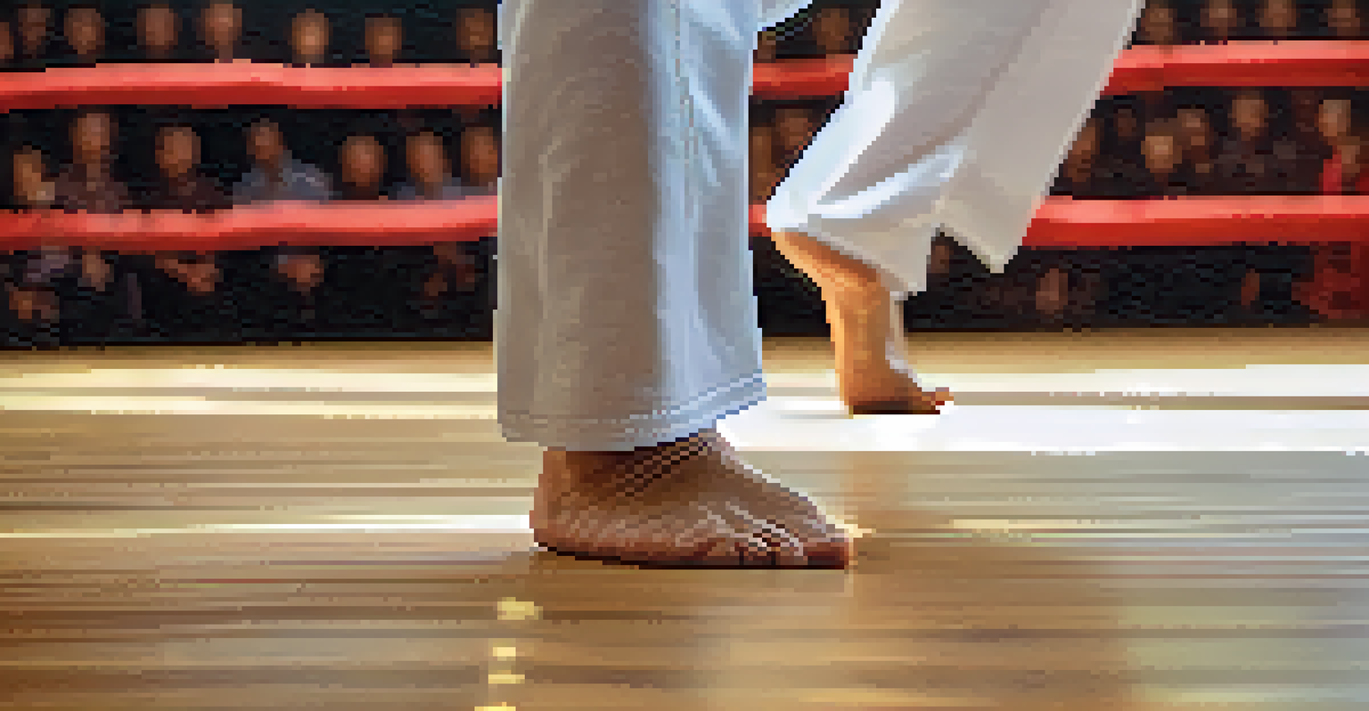 A close-up of a martial artist's feet demonstrating precise movements during training.