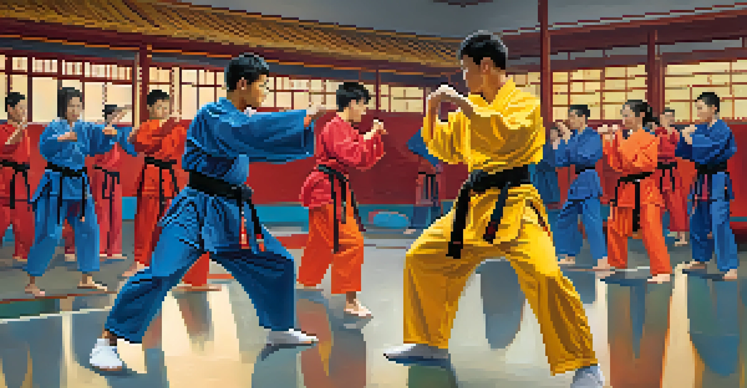 A diverse group of martial arts practitioners training together, engaged in partner drills in a dynamic indoor dojo with mirrors reflecting their movements.