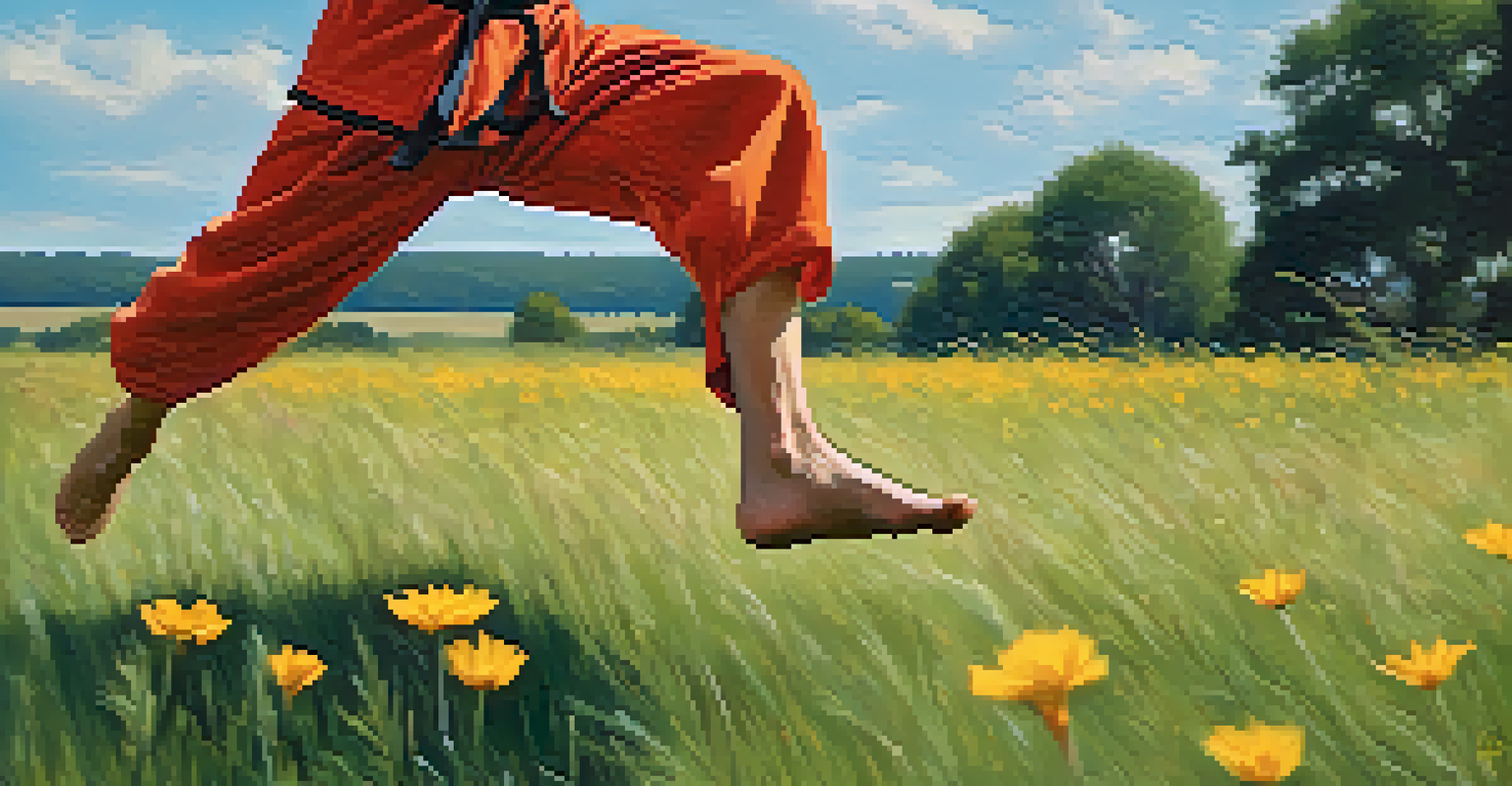 Close-up of a martial artist's feet executing a high kick on grass, with a vibrant outdoor background.