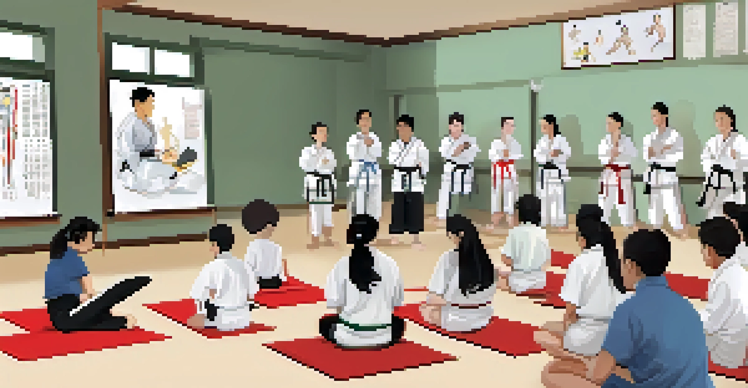 A workshop focused on injury prevention in martial arts, with students learning from a physiotherapist.