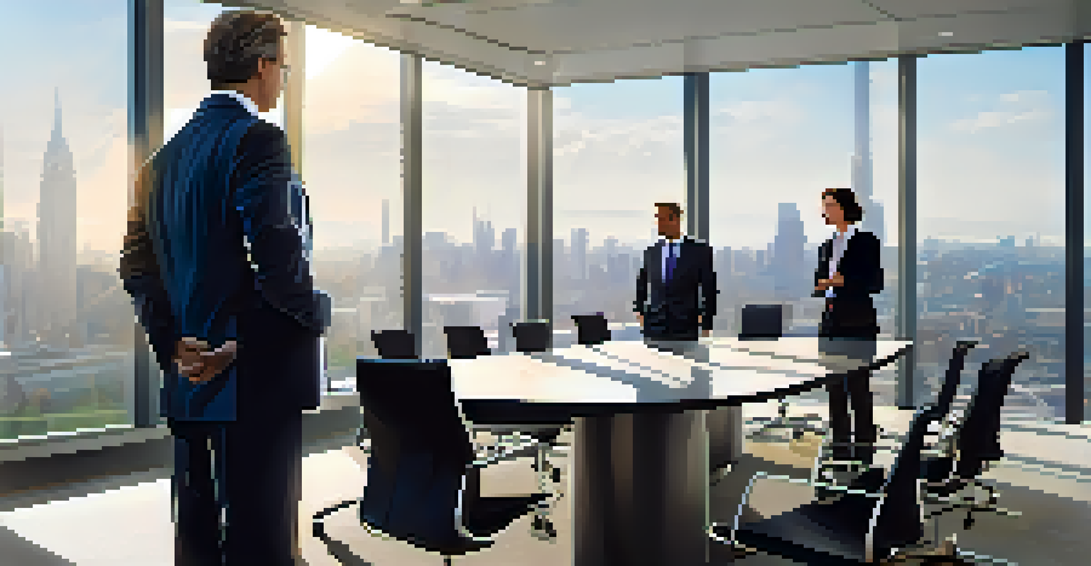 A corporate leader engaging with team members at a conference table in a bright office.