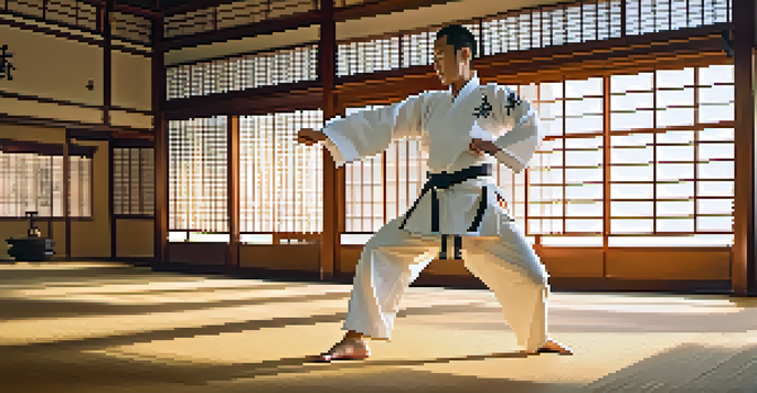 A martial artist in a white gi practicing a high kick in a well-lit dojo, with wooden floors and calligraphy on the walls.