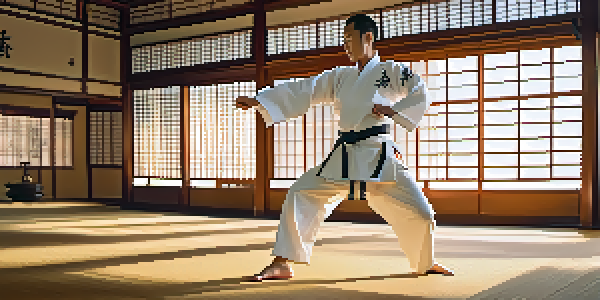A martial artist in a white gi practicing a high kick in a well-lit dojo, with wooden floors and calligraphy on the walls.