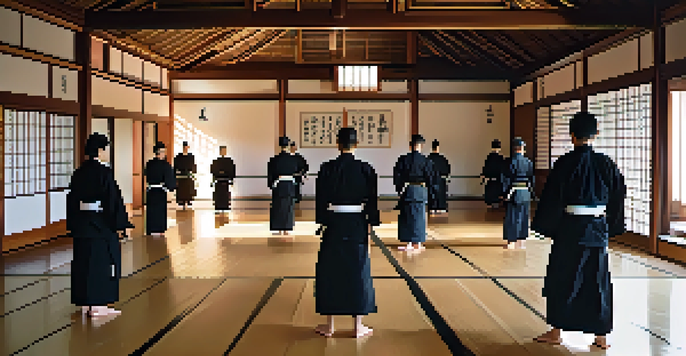 A peaceful martial arts dojo with practitioners in traditional uniforms in a meditative stance, illuminated by soft morning light.
