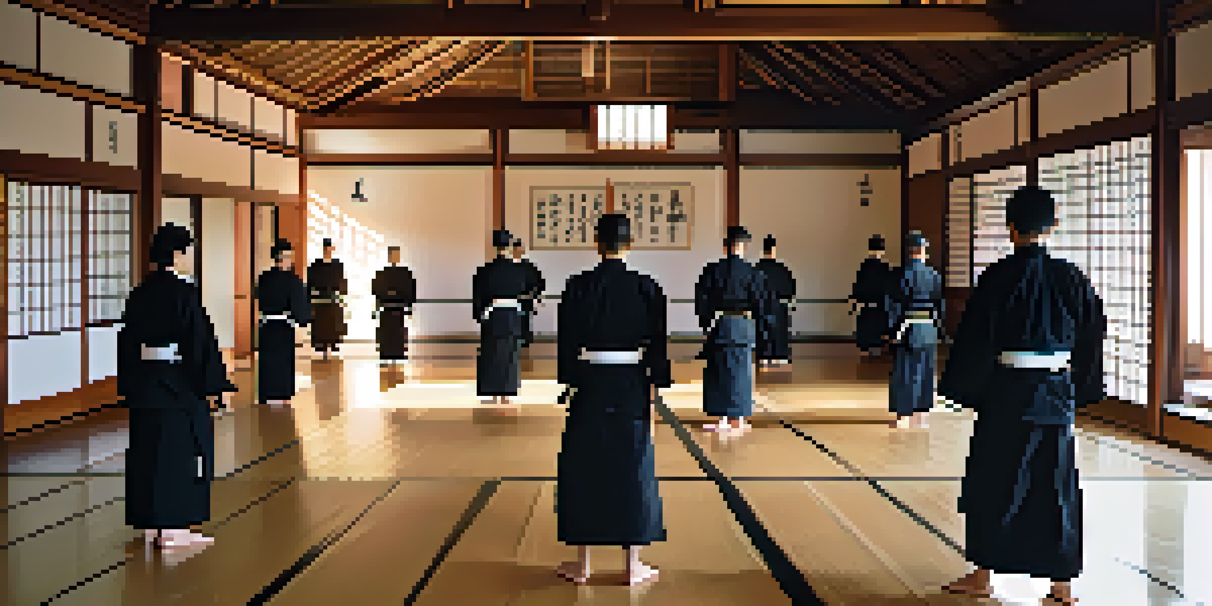 A peaceful martial arts dojo with practitioners in traditional uniforms in a meditative stance, illuminated by soft morning light.