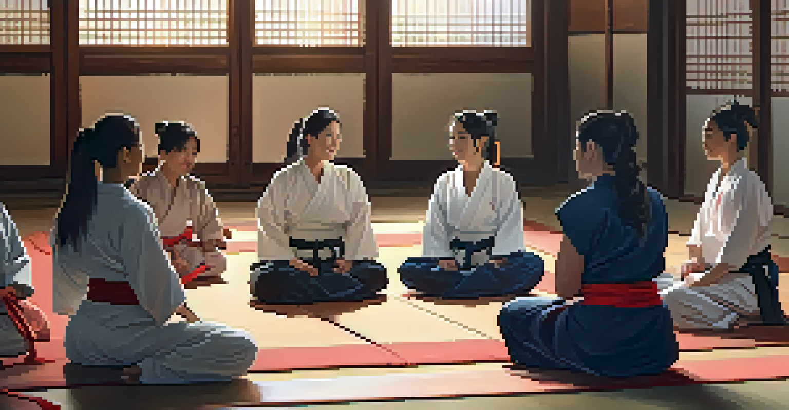 A group of women sitting in a circle in a dojo, smiling and discussing, showcasing a sense of community and support.