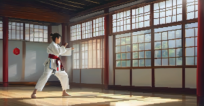 A young martial artist practicing a high kick in a tranquil dojo with natural light and traditional decorations.