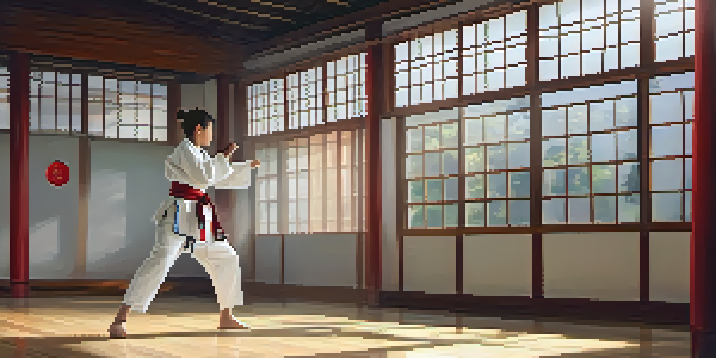 A young martial artist practicing a high kick in a tranquil dojo with natural light and traditional decorations.