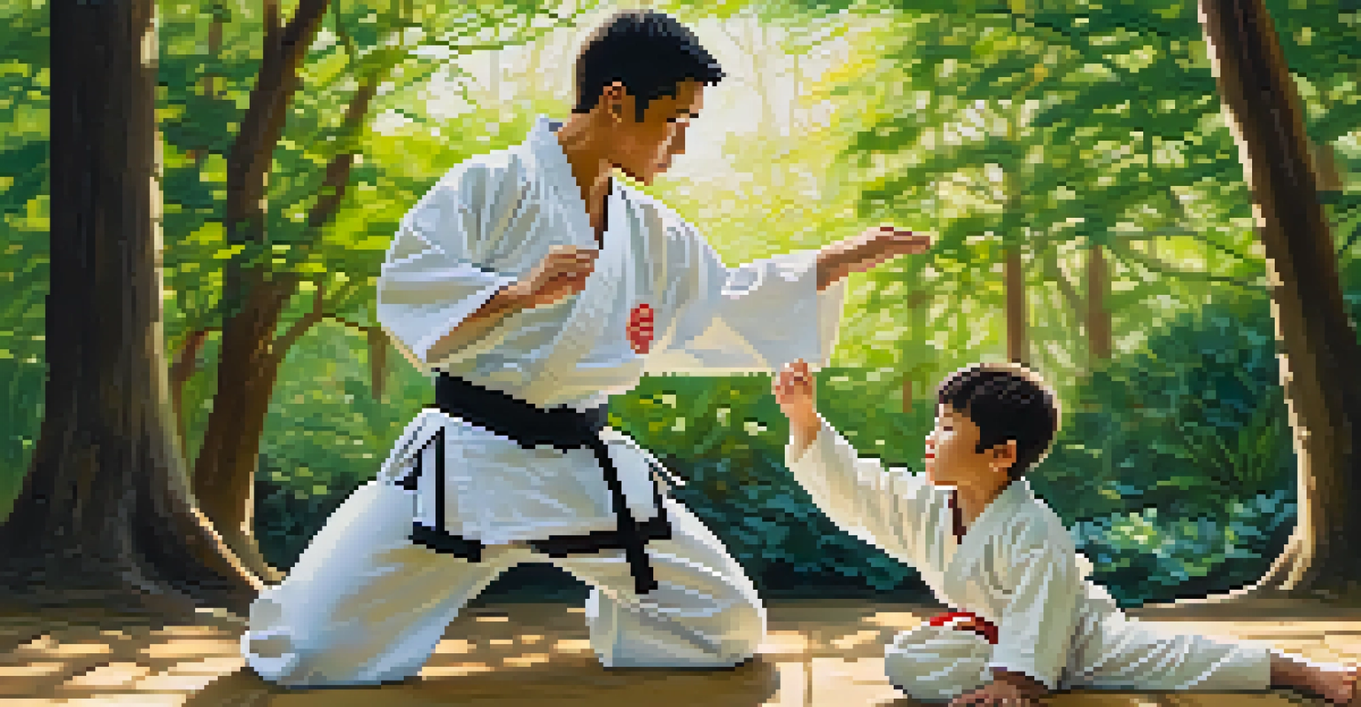 A martial arts instructor demonstrating a kata to a junior student in a peaceful park, surrounded by greenery and soft sunlight.