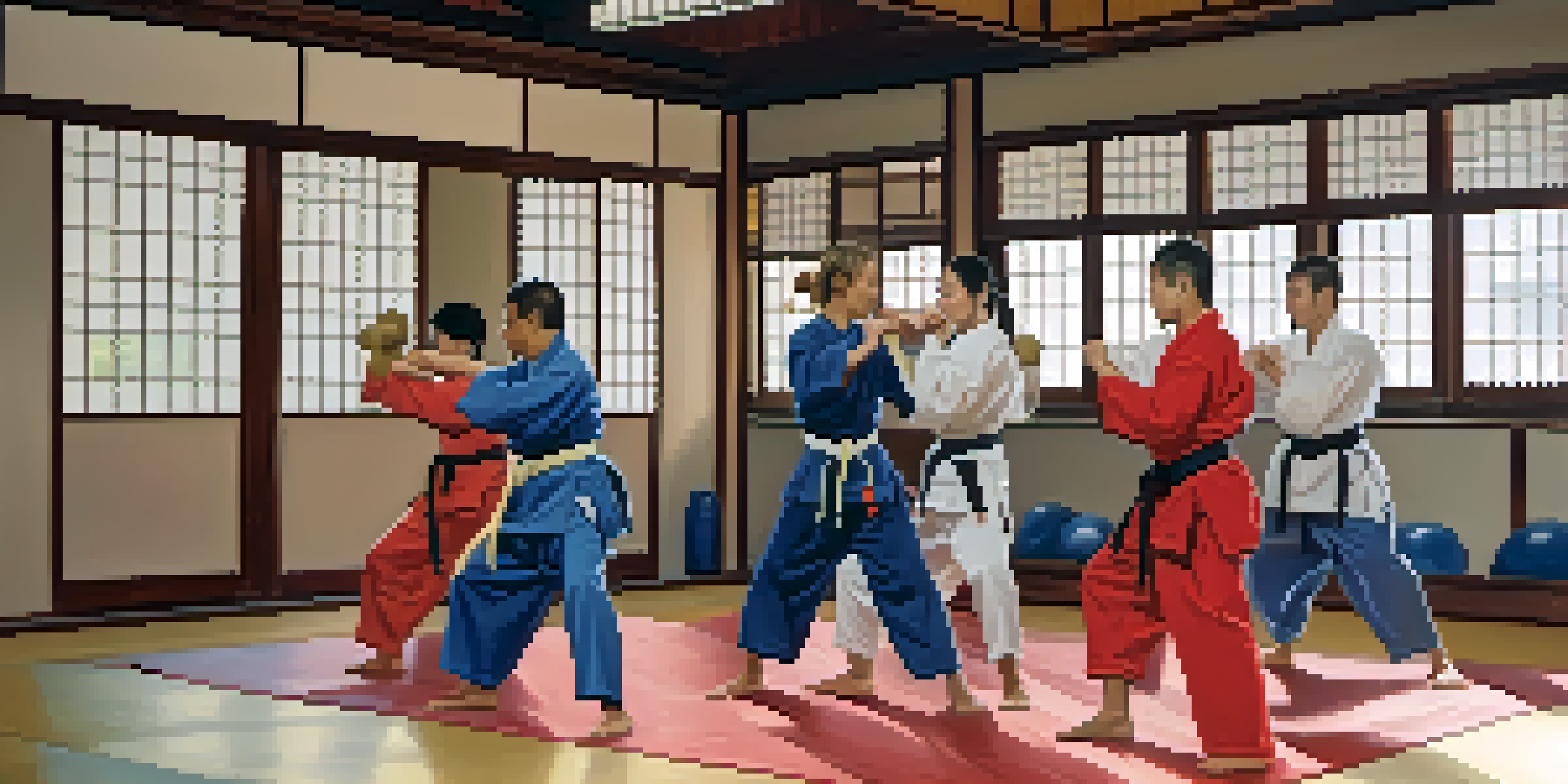 A diverse group of martial artists training together in a dojo, showcasing teamwork and communication.