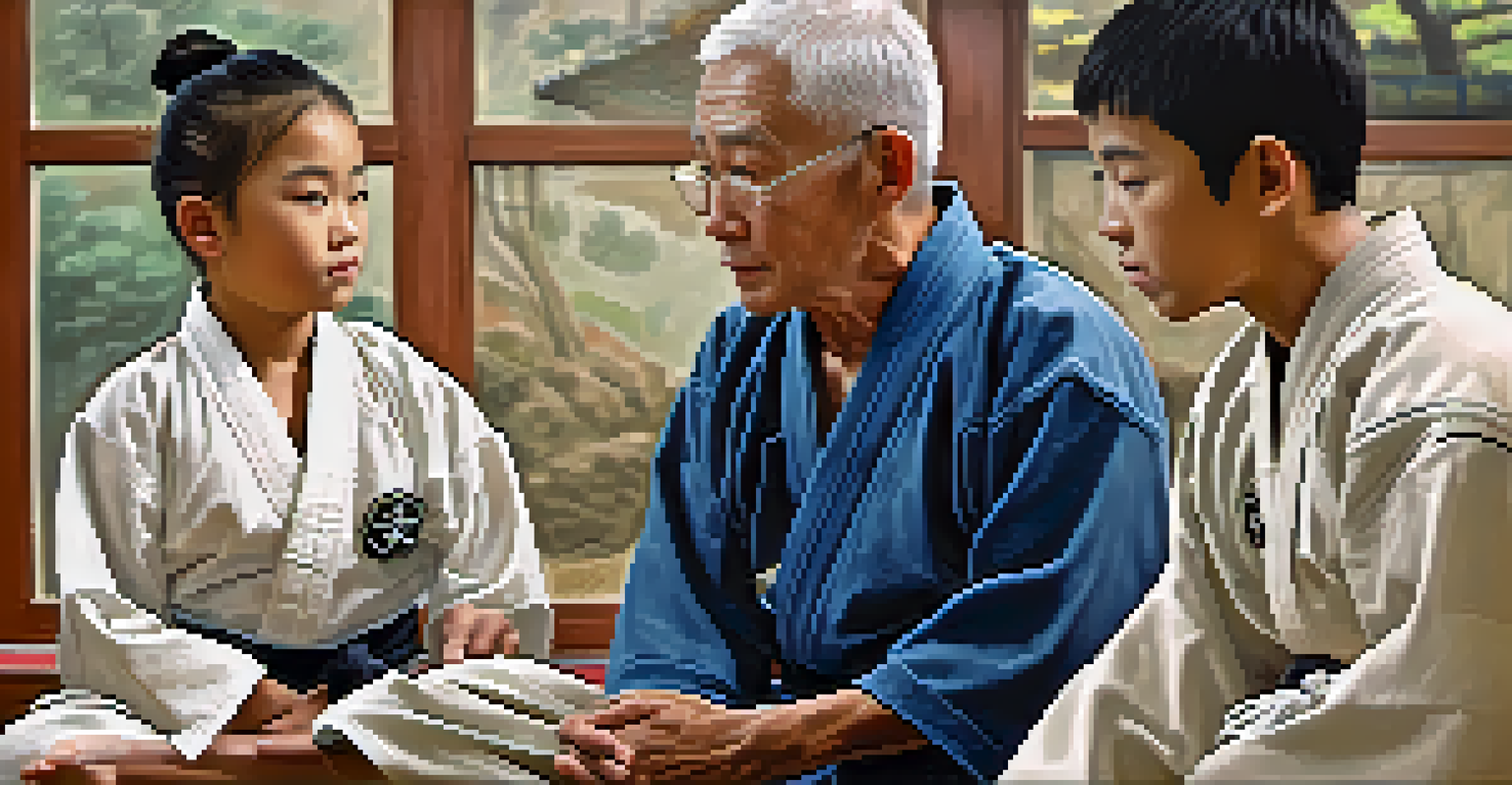 A mentor and student discussing martial arts values in a dojo, highlighting the connection between them.