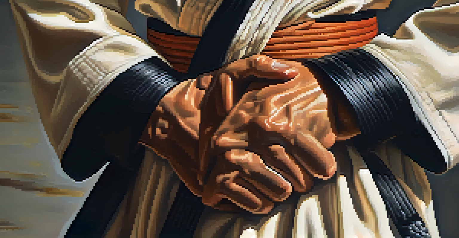 A close-up of a martial artist's hands executing a technique, highlighting the texture of the uniform and the intensity of concentration.