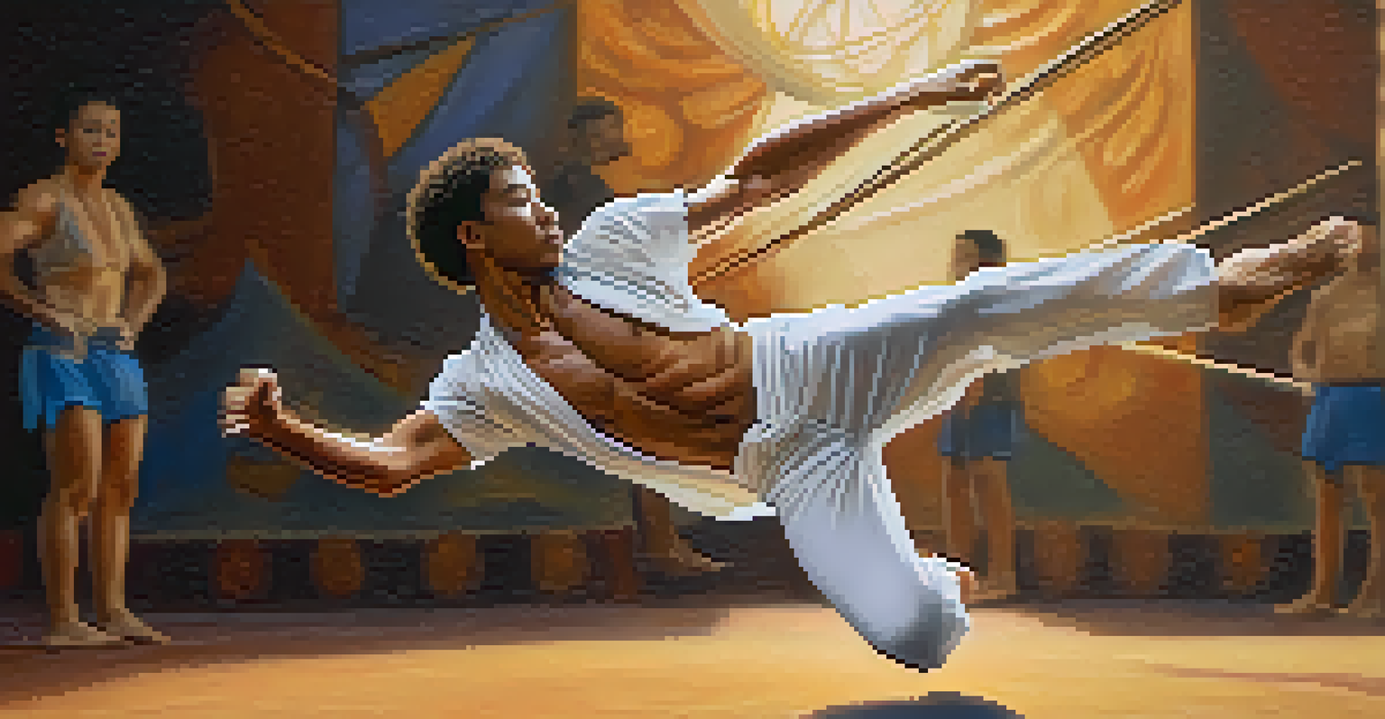 A close-up of a Capoeira practitioner performing a meia-lua kick in mid-air, capturing the grace of the movement.