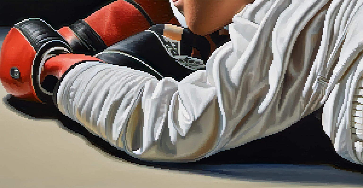 A martial artist preparing for a match by putting on safety gear, including a mouthguard and shin guards, with a focused expression.