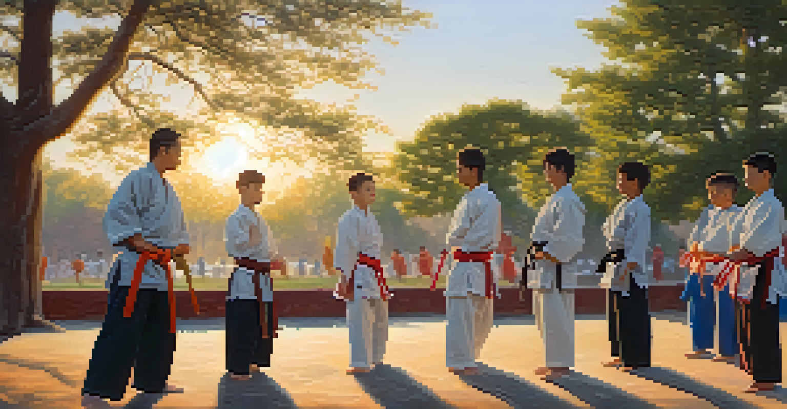 A diverse group of martial arts students training outdoors at sunset, showcasing a sense of community and joy.