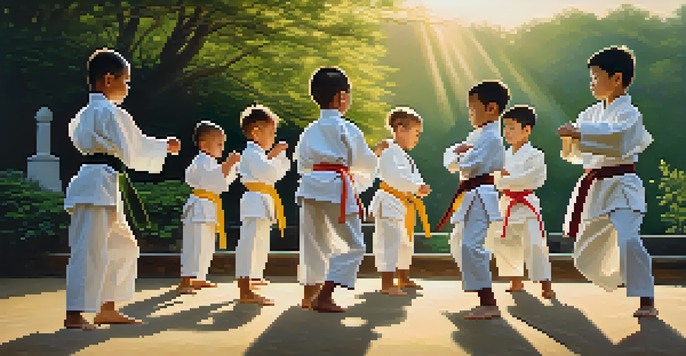 A diverse group of children practicing karate outdoors at sunrise, wearing traditional uniforms in a serene landscape.