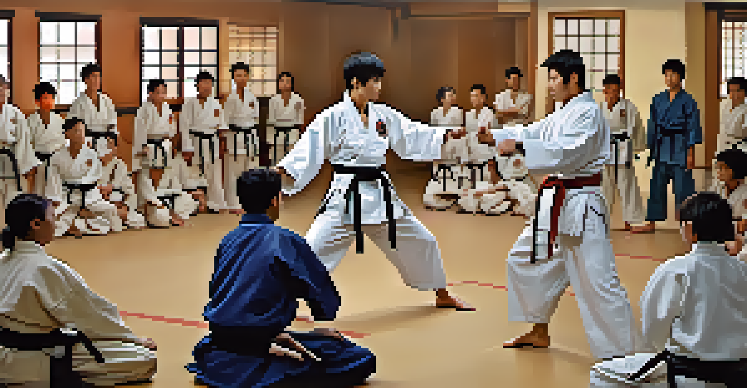 An instructor teaching conflict resolution techniques to students in a dojo, emphasizing communication and respect.