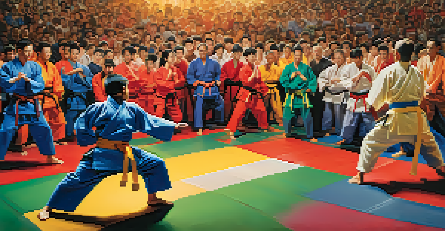Martial artists from various backgrounds competing on a dojo mat, showcasing their skills with an enthusiastic audience in the background.