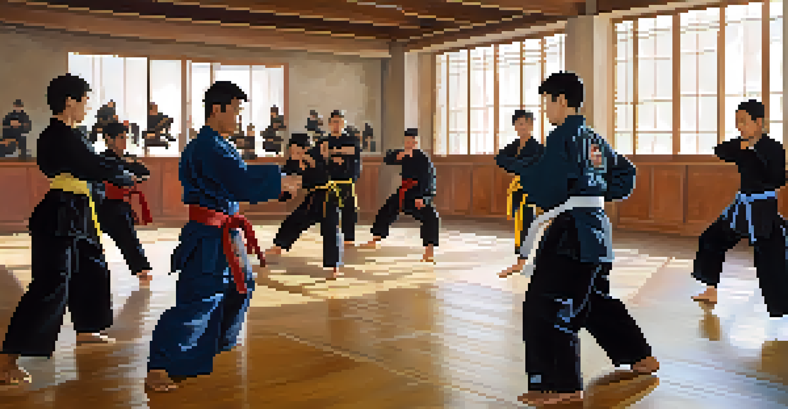 A group of martial arts students practicing techniques in a training hall, showcasing diversity and energy.
