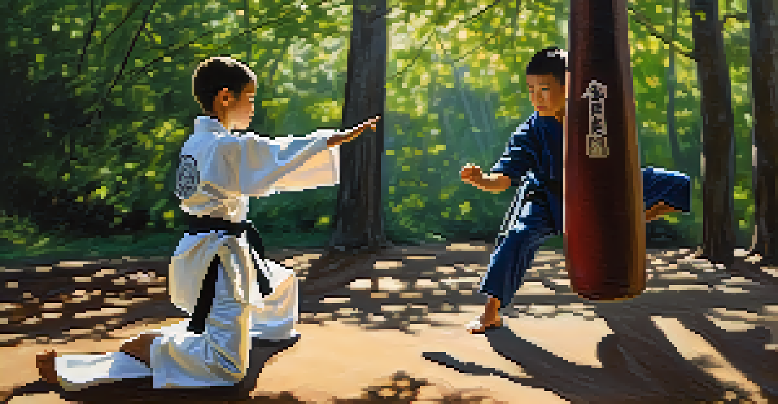 A martial arts instructor teaching a young student a technique outdoors, surrounded by trees and soft sunlight, highlighting the mentorship.