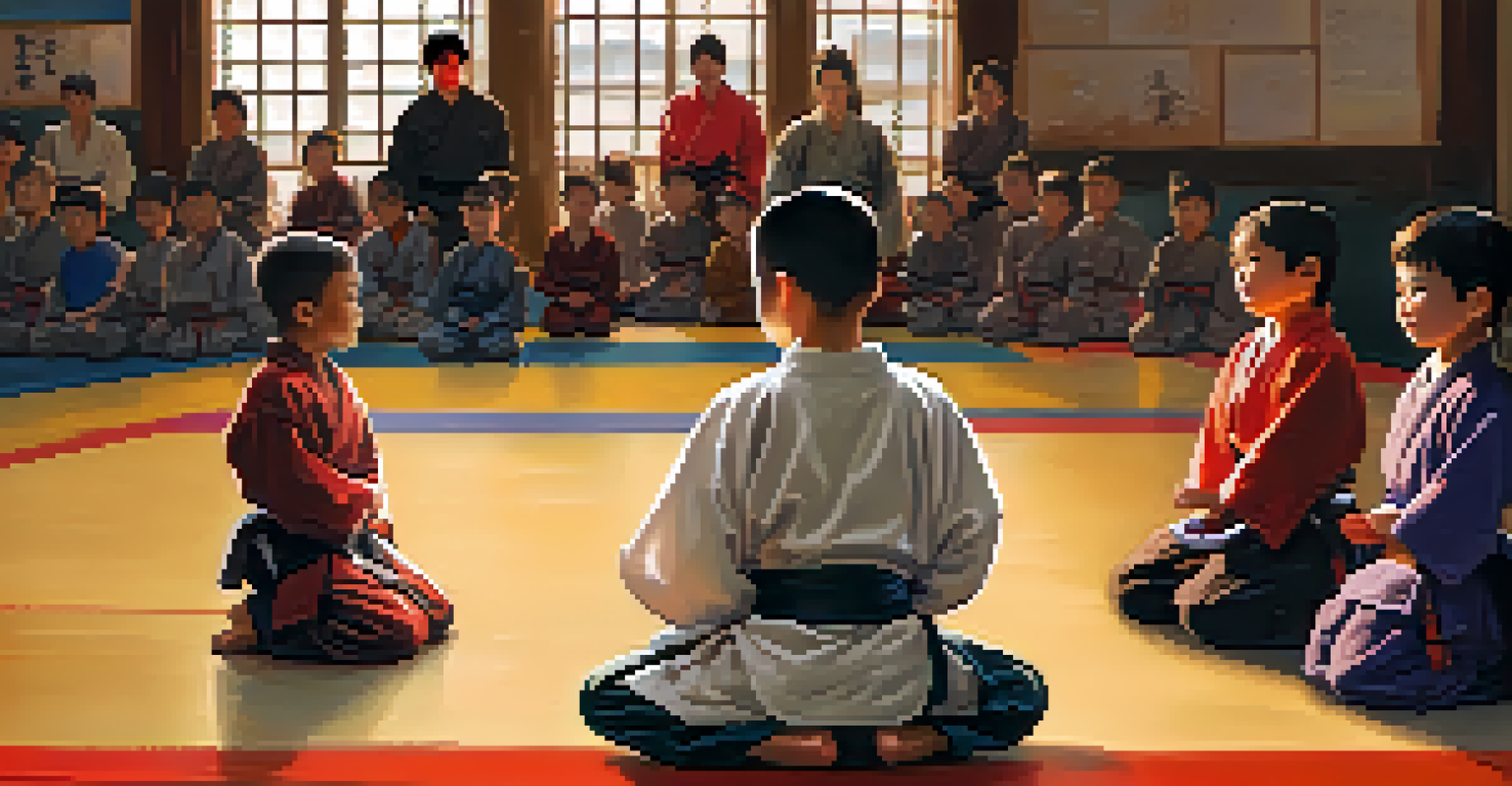A martial arts instructor encouraging a young student in a dojo, surrounded by supportive peers.