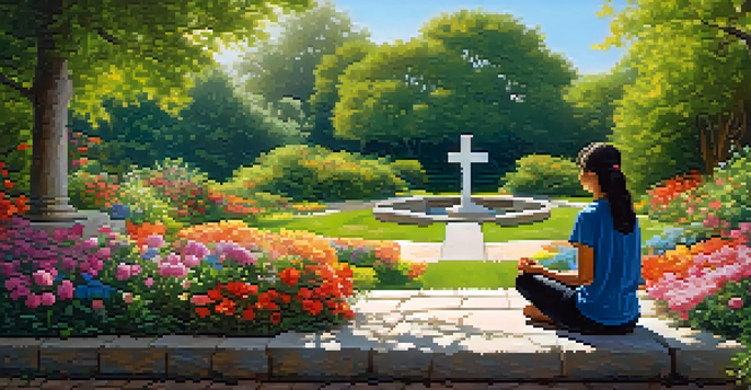 A person practicing mindfulness in a colorful garden filled with flowers and greenery under a clear blue sky.
