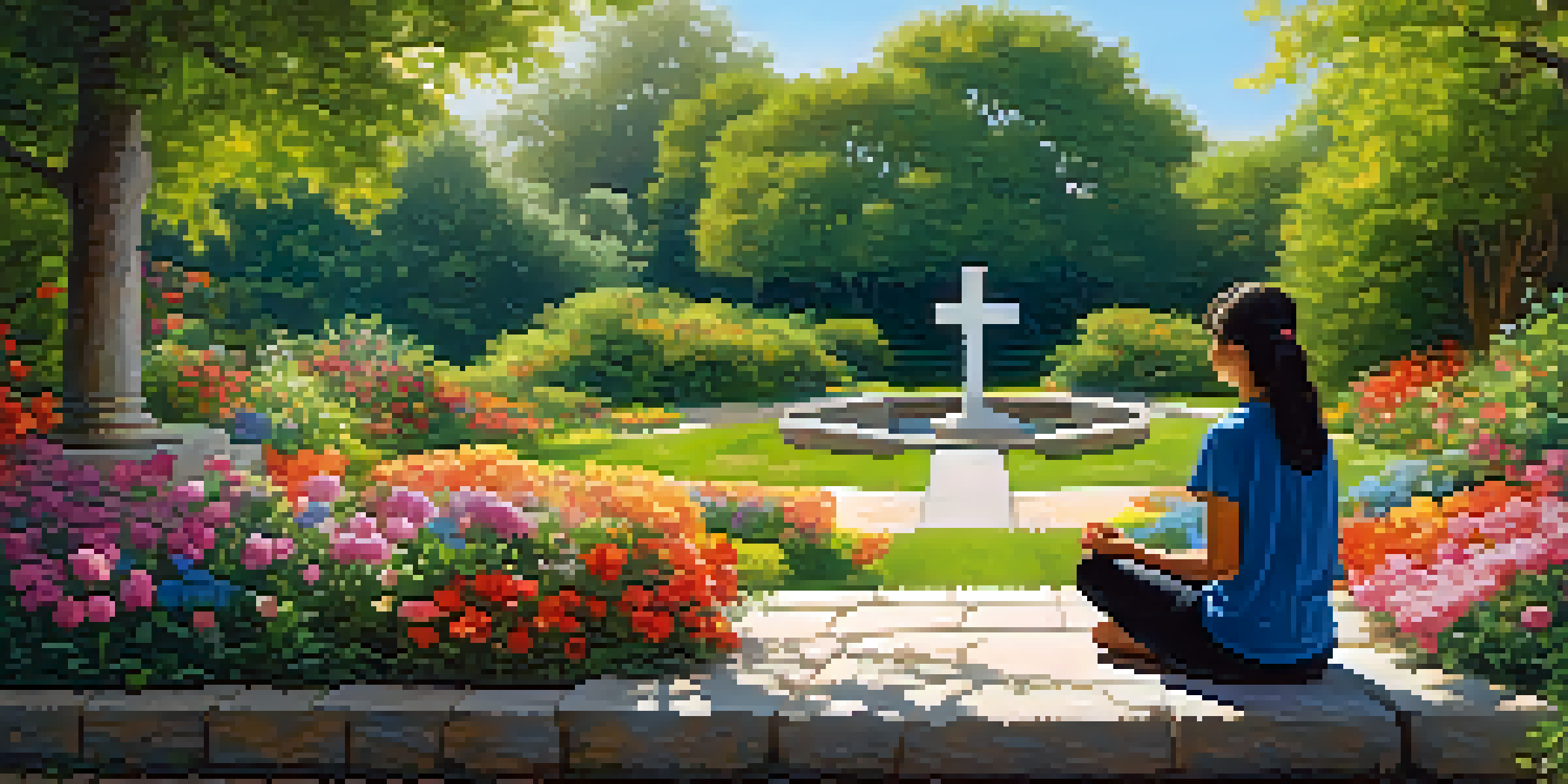 A person practicing mindfulness in a colorful garden filled with flowers and greenery under a clear blue sky.
