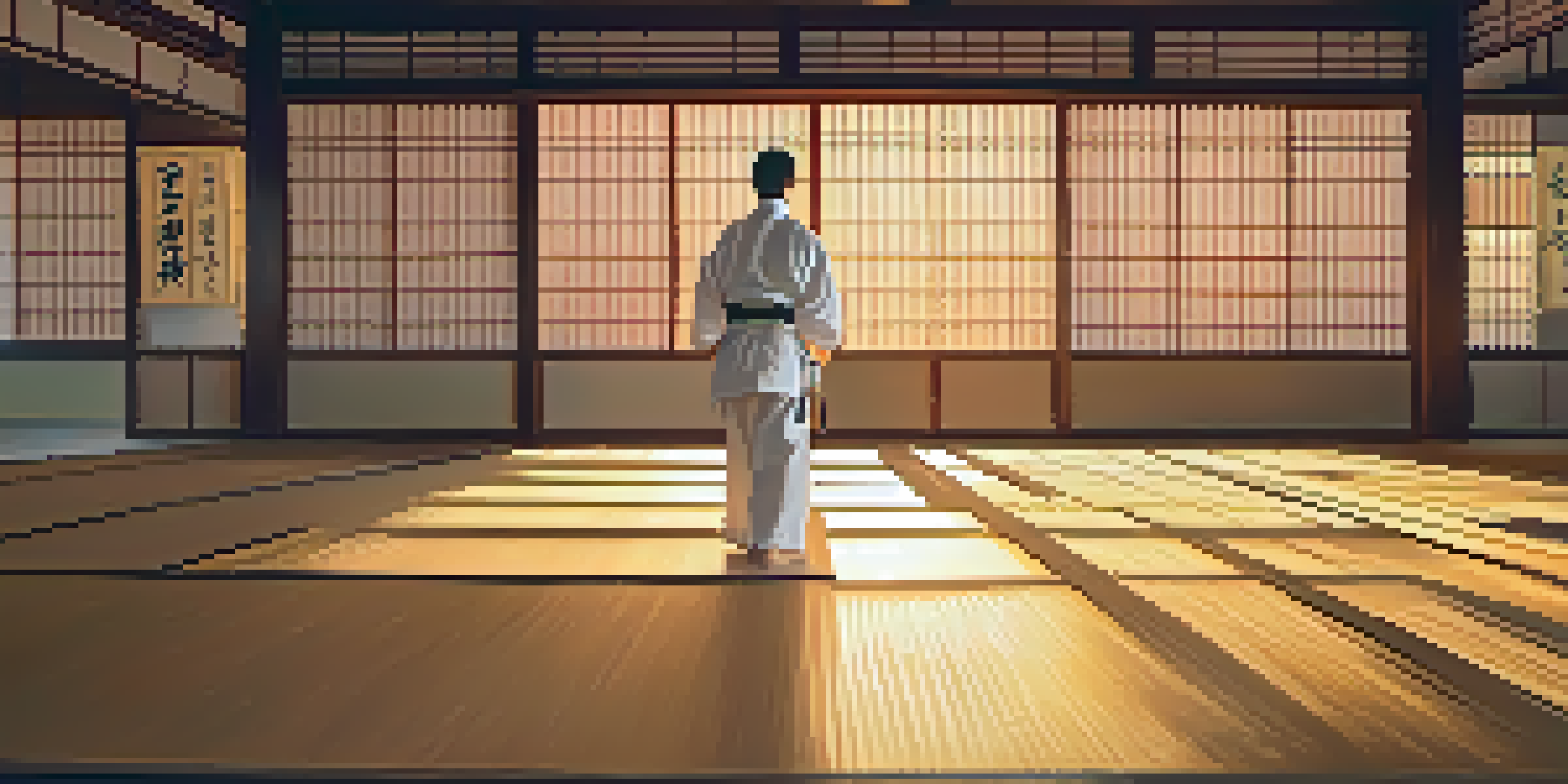 A martial artist in a white gi performing a kata in a wooden dojo during sunset, with warm golden light and soft shadows.