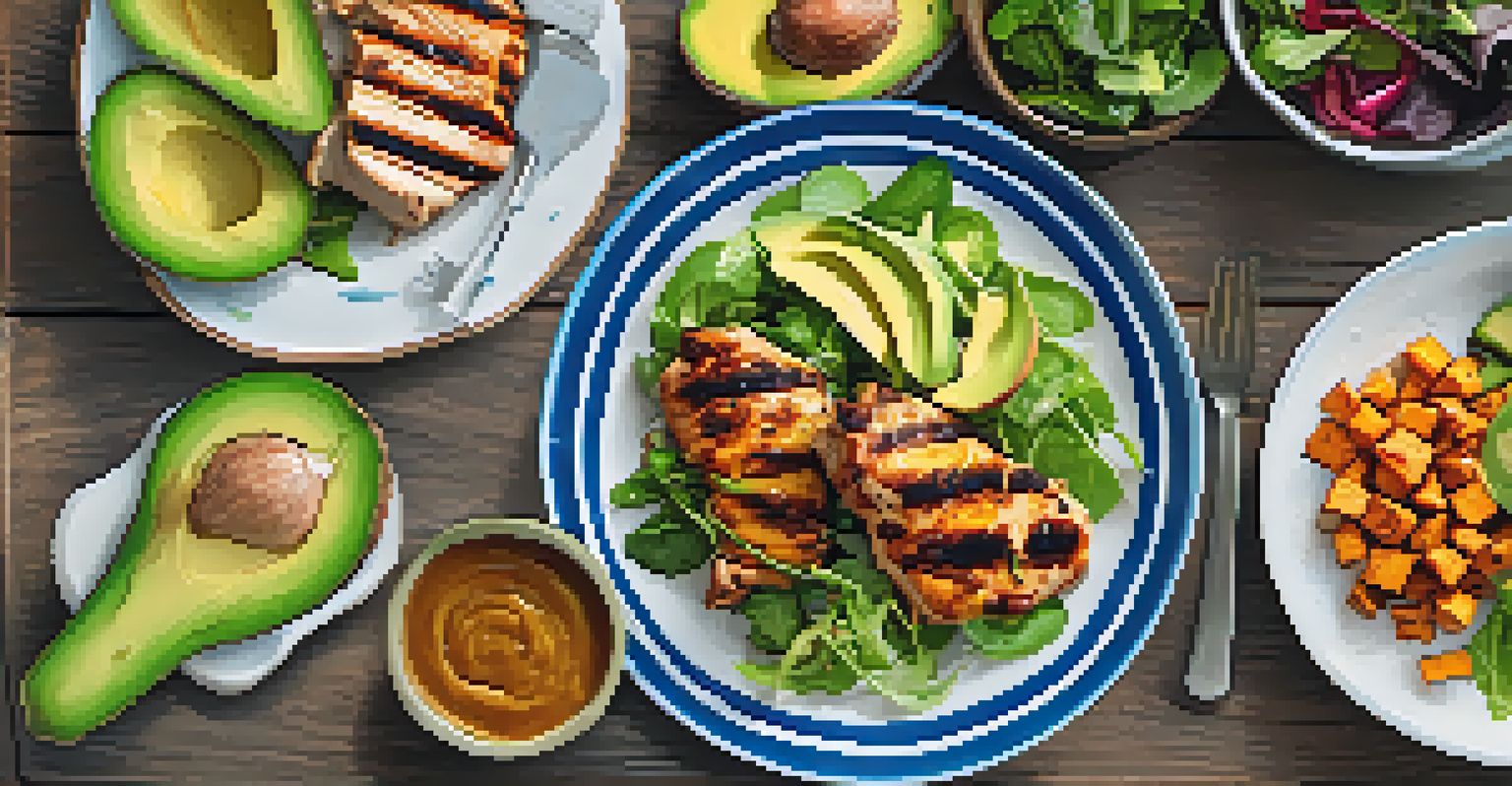 A healthy post-training meal with grilled chicken, sweet potatoes, avocado, and a leafy salad on a wooden table.