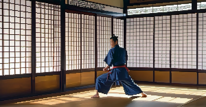A martial artist practicing kata in a traditional dojo with wooden floors and Japanese decor, illuminated by sunlight from shoji screens.