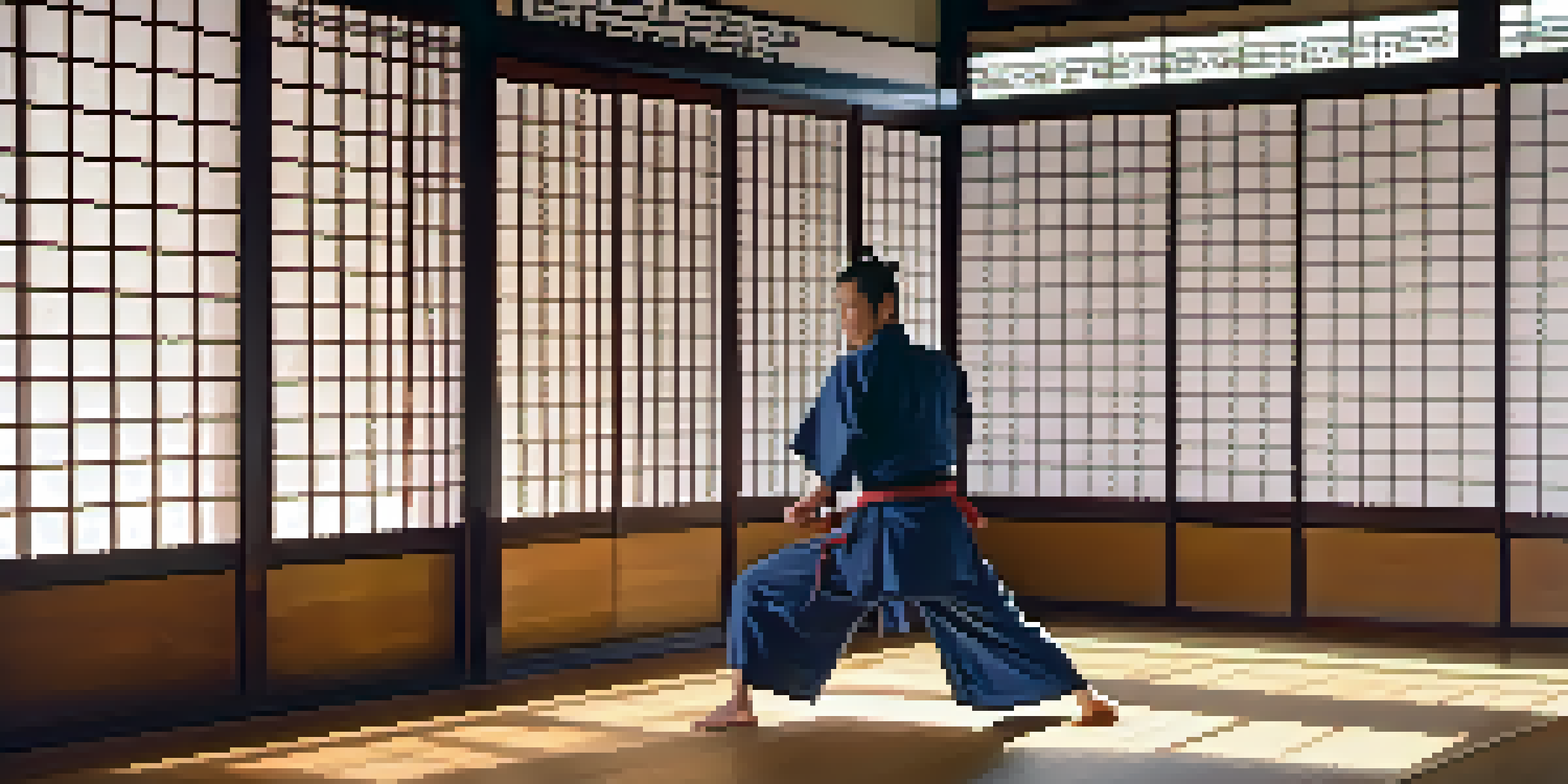 A martial artist practicing kata in a traditional dojo with wooden floors and Japanese decor, illuminated by sunlight from shoji screens.