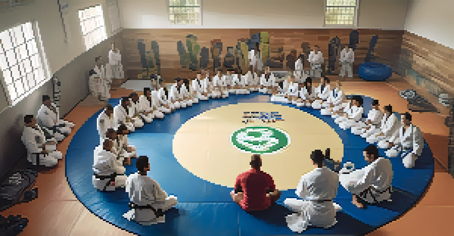 An overhead view of a Brazilian Jiu-Jitsu class in session, showing diverse practitioners rolling on the mat with natural light.