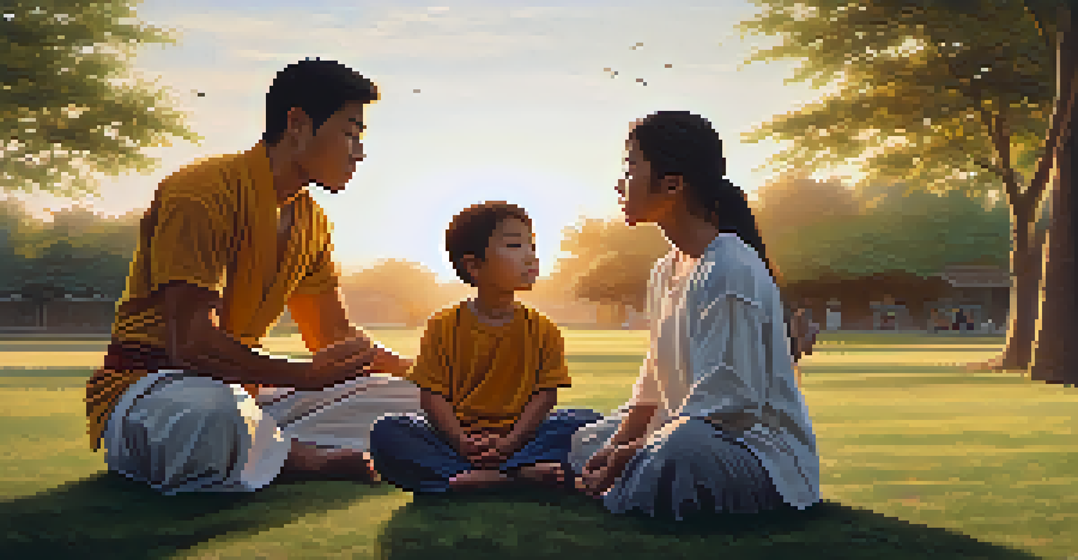 A family practicing mindfulness in a circle outdoors, engaging in breathing exercises with a sunset backdrop.